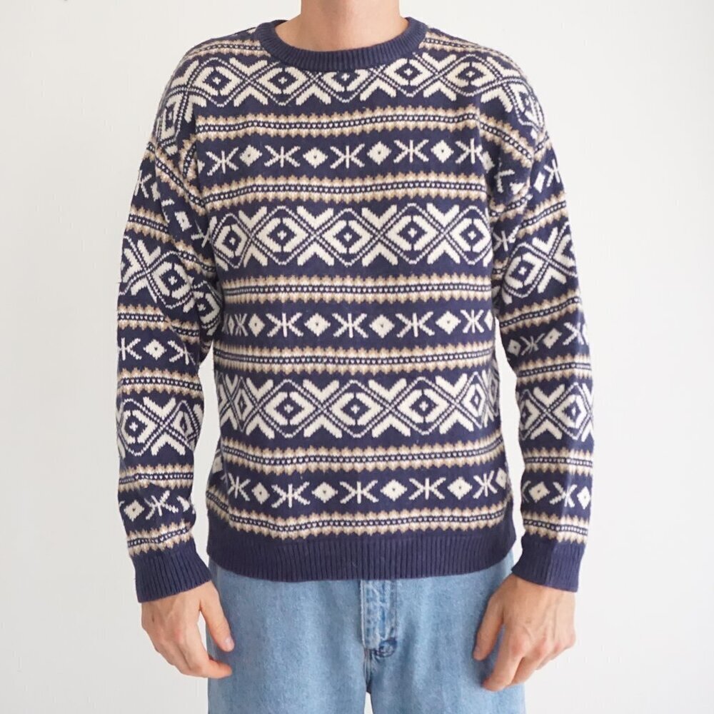 Vintage Land Rover Thom McAn Knit Sweater Navy Fair Isle Cabincore Retro Medium